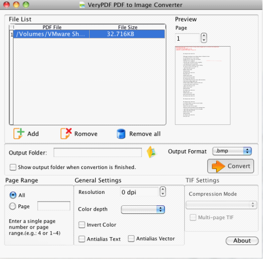 user interface of PDF to BMP Converter in Mac OS X