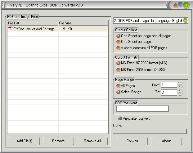 Interface of Scan to Excel OCR Converter
