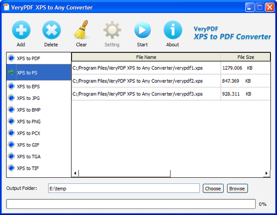 graphical user interface of VeryPDF XPS to PS Converter