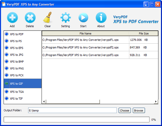 interface of VeryPDF XPS to GIF Converter