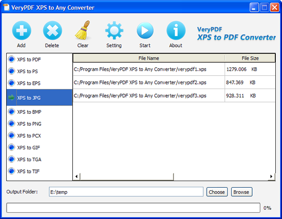 Interface of VeryPDF XPS to JPEG Converter