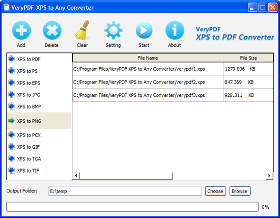 Interface of VeryPDF XPS to PNG Converter