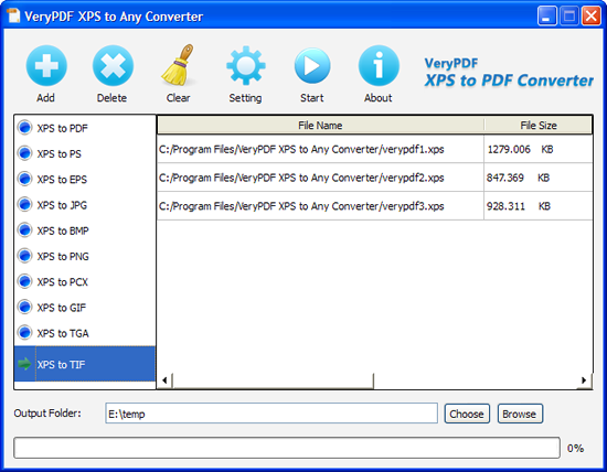 interface of VeryPDF XPS to TIFF Converter