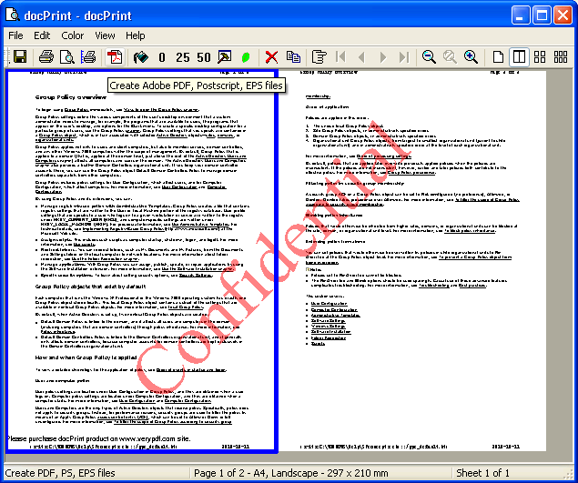 CHM to PDF Converter, print job is shown in docPrint Preview window