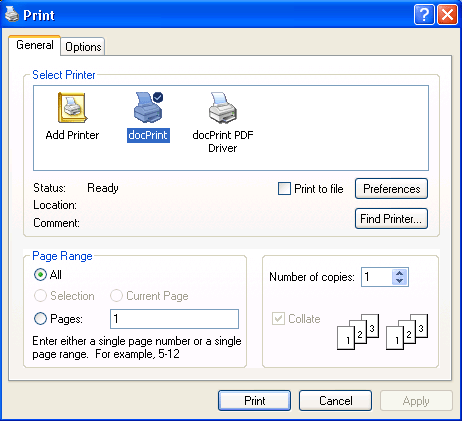 CHM to PDF Converter, select docPrint Printer