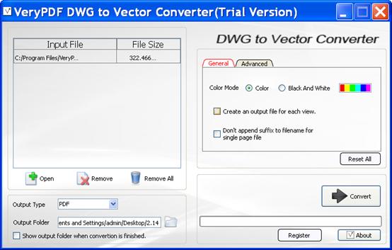 the interface of <strong>VeryPDF DWG to Vector Converter</strong>