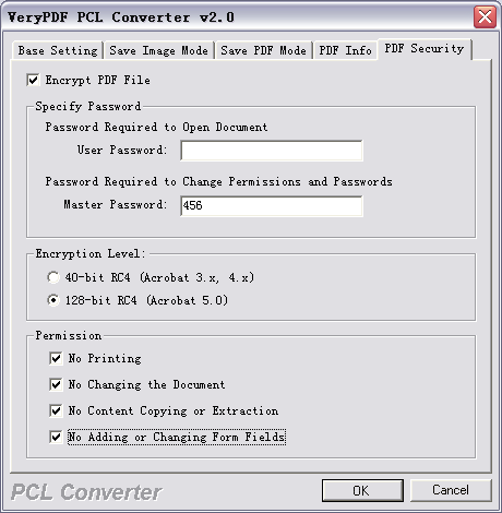 Security settings for PCL to PDF Conversion