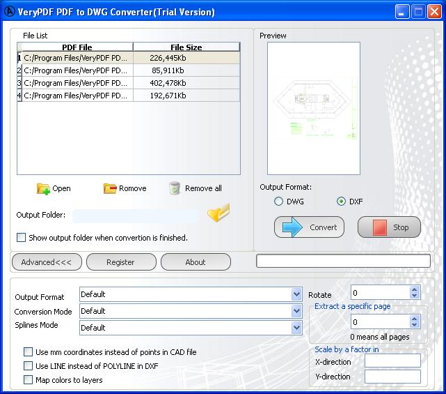 Interface of PDF to DWG Converter