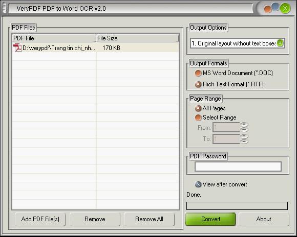 Interface of PDF to RTF OCR Converter