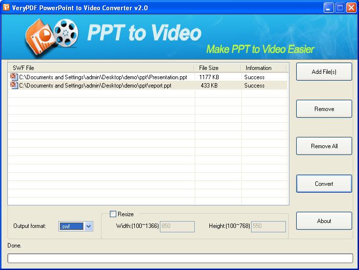 The interface of PowerPoint to SWF Converter