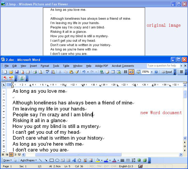 Comparison of original image and newly created Word document