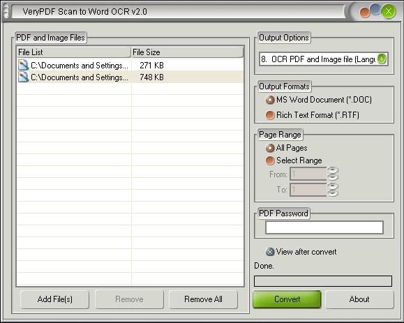 main window form of Scanned Image to DOC Converter
