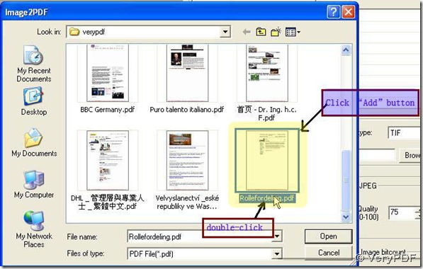 add pdf files with choosing them in dialog box and click open