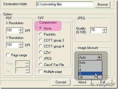 select destination folder, compression mode and bit-count