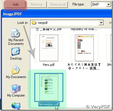 click add button to select PDF file in pop dialog box 