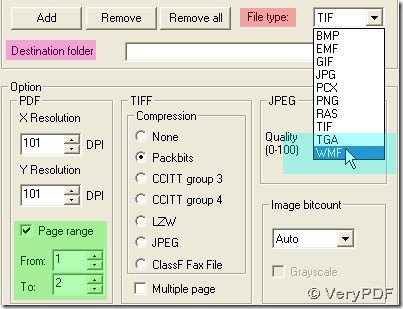 select file type, destination folder, page range