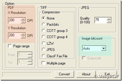 panel for selecting resolution and image bit-count