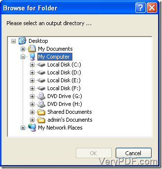 select an output directory for files from pxl to pcx.