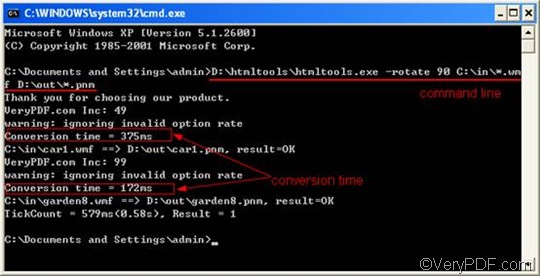 the command prompt window with the example command line 