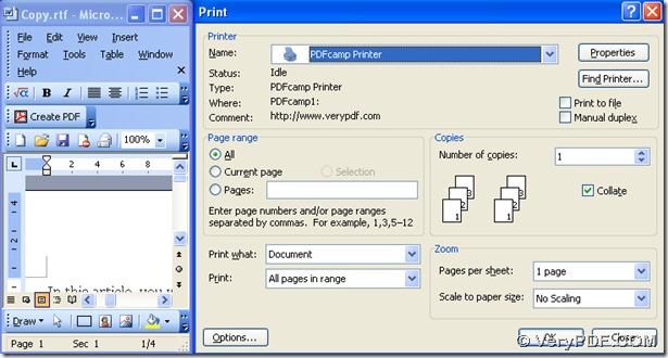 open rtf and select PDFcamp Printer Pro