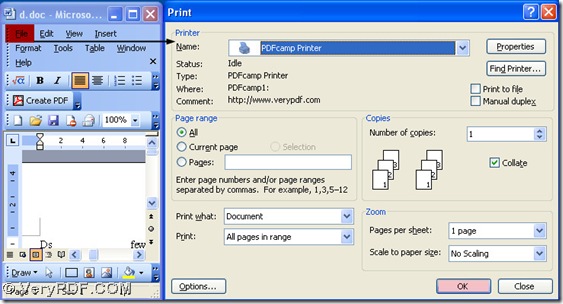 select print and select PDFcamp Printer for the conversion of office to pdf