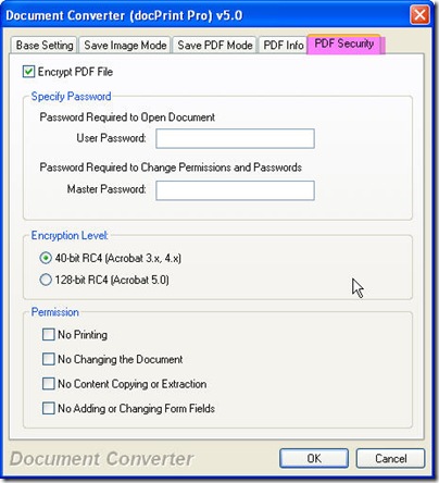 PDF Security tab