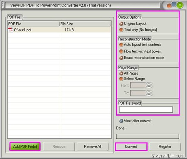 the interface of VeryPDF PDF to PowerPoint Converter