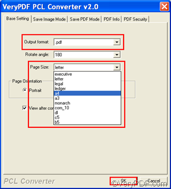set options to convert PCL to PDF and fit to paper size