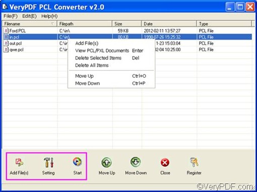how to add and remove files when convert PCL to PCX
