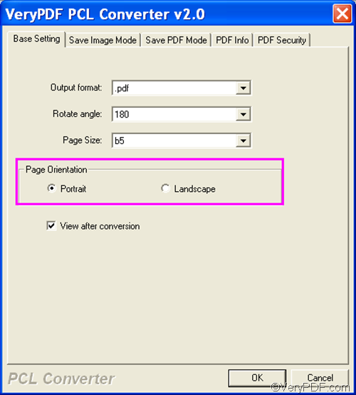 set optiosn  to convert PCL to PDF and set page orientation