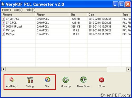 the interface of VeryPDF PCL Converter with added pcl files