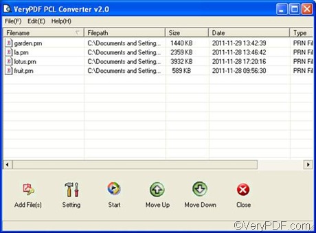 the interface of VeryPDF PCL Converter with PRN files 