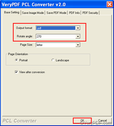 set options to convert PRN to PDF and rotate the page
