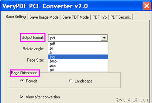 set options to convert PCL to JPG and set page orientation
