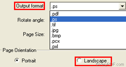 set options to convert PCL to PostScript and set page orientation