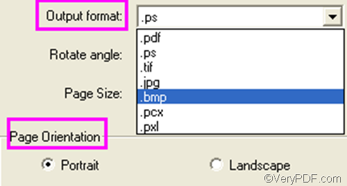 set options to convert PCL to bitmap and set page orientation