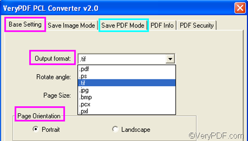 set options to convert PXL to TIF and set page orientation