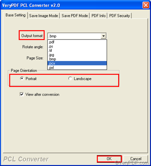 set options to convert PCL to PCX and set page orientation