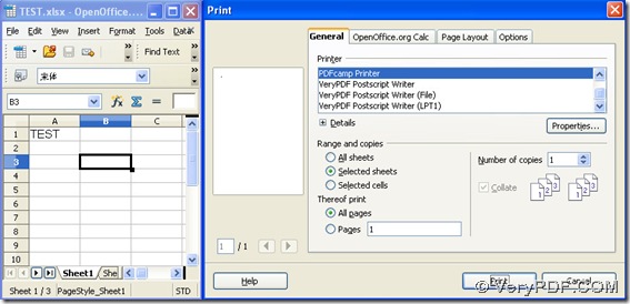 open xlsx file and select 'PDFcamp Printer' and click "Print" on "Print" panel