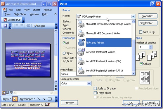 open ppt file and get print panel and select "PDFcamp Printer" and click "Properties"