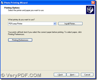 select "PDFcamp printer" and click "Printing Preferences"