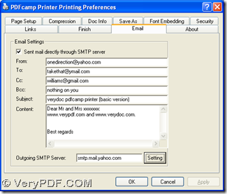 edit email accounts of receiver and sender with content and SMTP on preferences panel