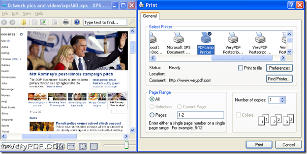 oepn XPS file and open print panel to select "PDFcamp Printer" and click "Print"