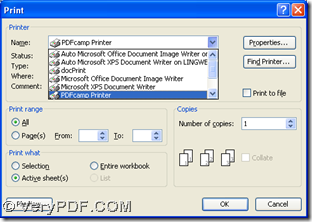 select PDFcamp Printer and click "OK" on print panel