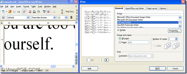 open OpenOffice file and open print panel where selecting PDFcamp Printre and click "Print"