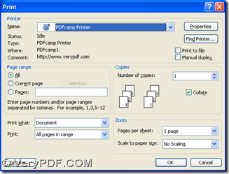 click "PDFcamp Printer" and click "Properties" on print panel