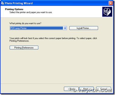 select 'PDFcamp Printer" and click 'printing preferences'