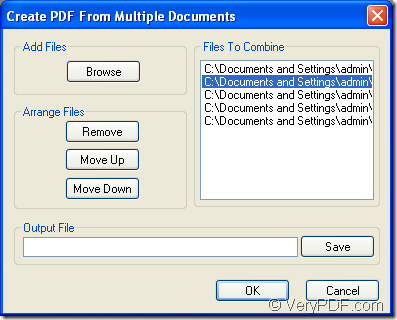 open files in Create PDF From Multiple Documents dialog box