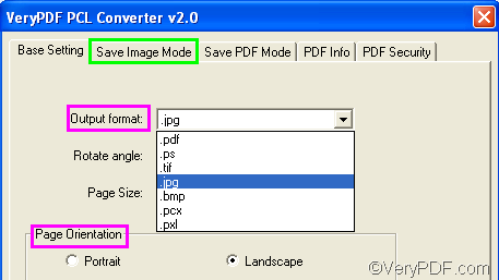 set options to convert PX3 to JPG and set page orientation