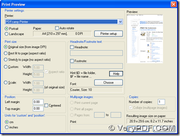 click 'PDFcamp Printer' and 'printer setup' on print preview panel